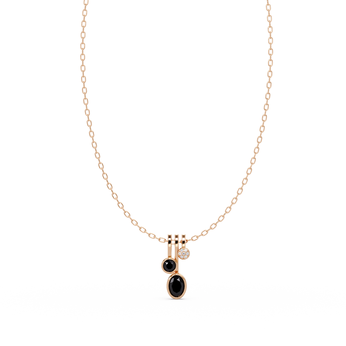 1.1 CTW Oval & Round Linear Drop Colorstone Pendant Necklace — Onyx Black — 14K Rose Gold