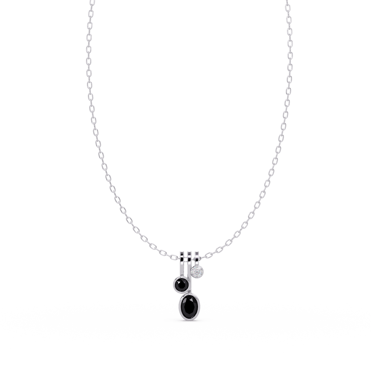 1.1 CTW Oval & Round Linear Drop Colorstone Pendant Necklace — Onyx Black — 14K White Gold