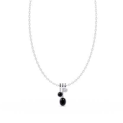 1.1 CTW Oval & Round Linear Drop Colorstone Pendant Necklace — Onyx Black — 14K White Gold