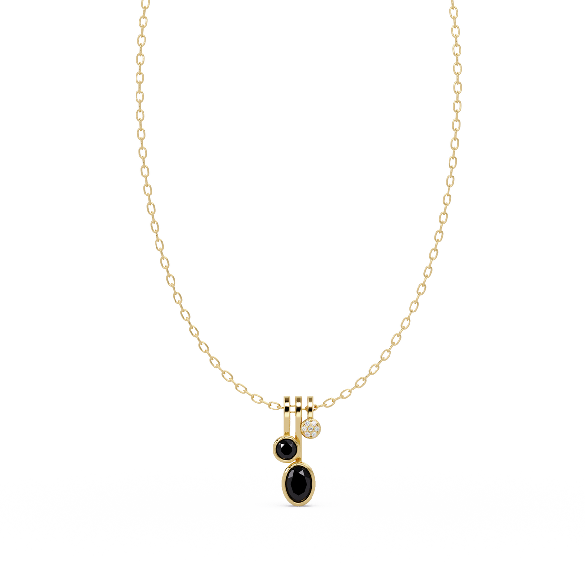 1.1 CTW Oval & Round Linear Drop Colorstone Pendant Necklace — Onyx Black — 14K Yellow Gold