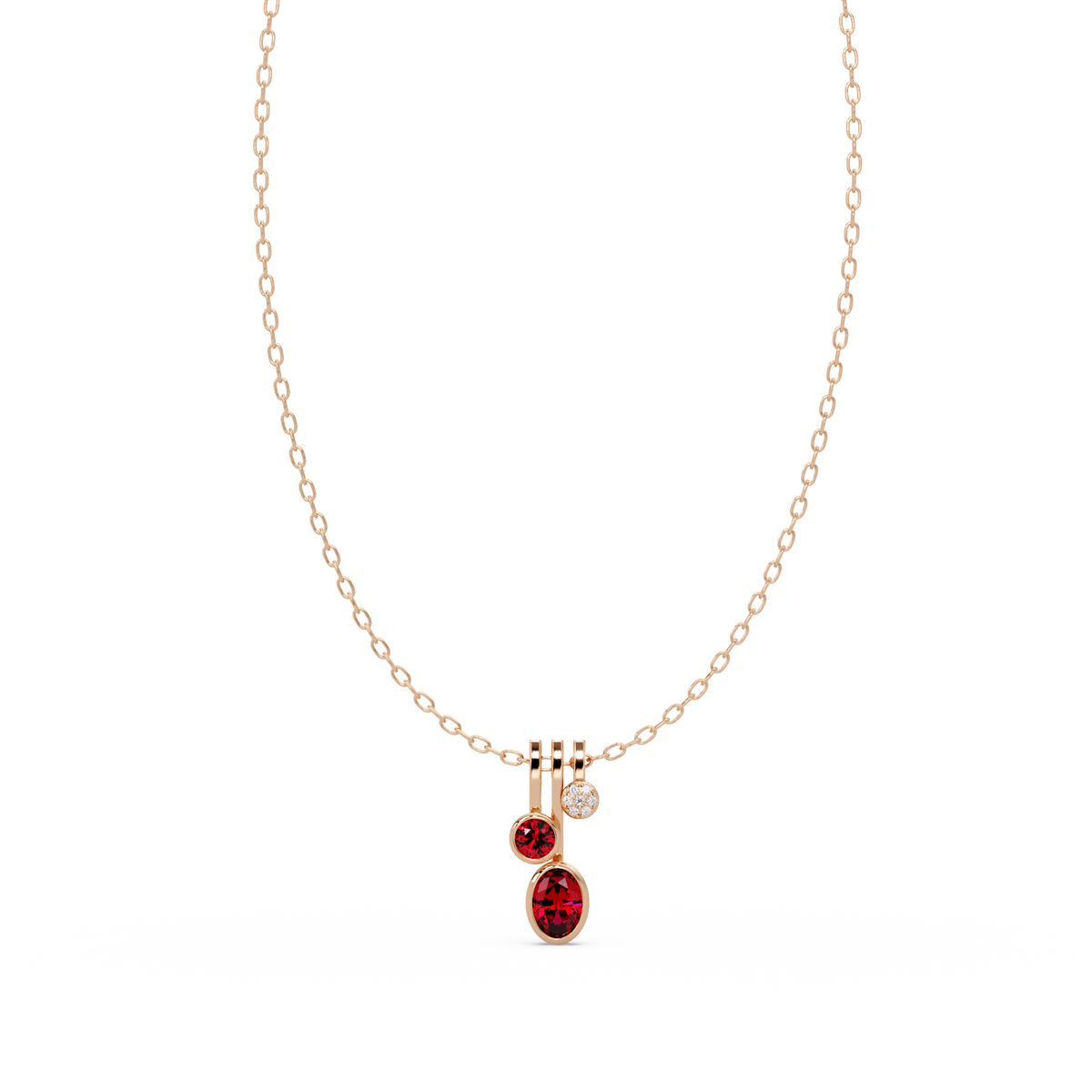 1.1 CTW Oval & Round Linear Drop Colorstone Pendant Necklace — Ruby Deep Red — 14K Rose Gold