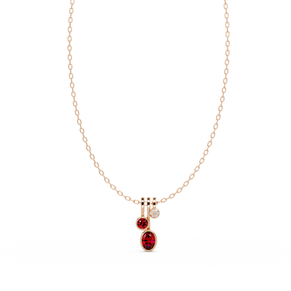 1.1 CTW Oval & Round Linear Drop Colorstone Pendant Necklace — Ruby Deep Red — 14K Rose Gold