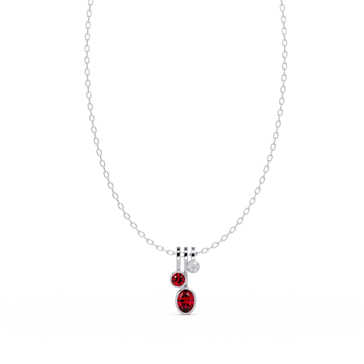1.1 CTW Oval & Round Linear Drop Colorstone Pendant Necklace — Ruby Deep Red — 14K White Gold