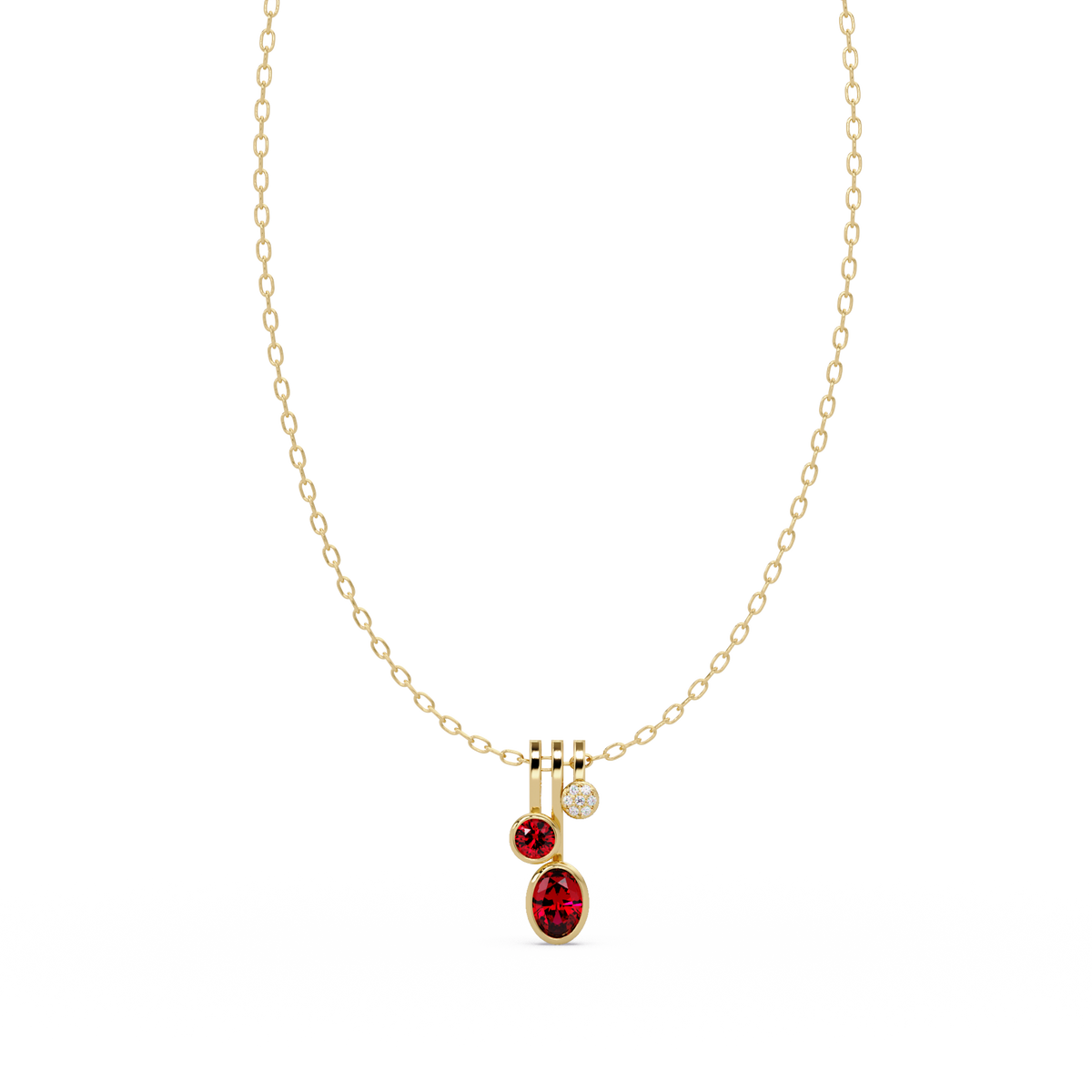 1.1 CTW Oval & Round Linear Drop Colorstone Pendant Necklace — Ruby Deep Red — 14K Yellow Gold