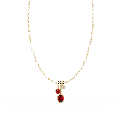 1.1 CTW Oval & Round Linear Drop Colorstone Pendant Necklace — Ruby Deep Red — 14K Yellow Gold