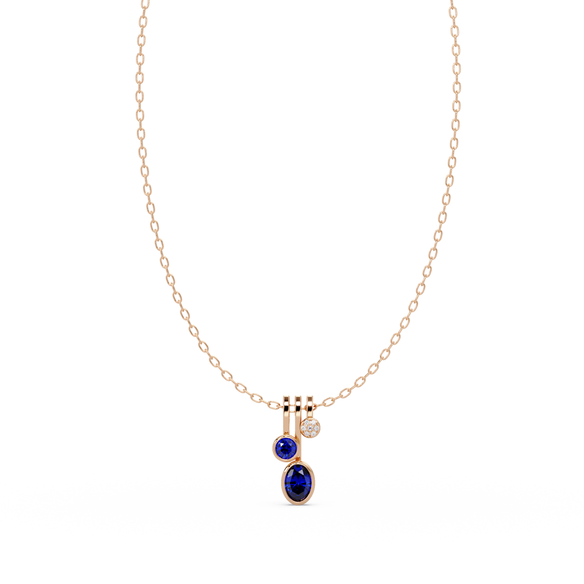 1.1 CTW Oval & Round Linear Drop Colorstone Pendant Necklace — Sapphire Royal Blue — 14K Rose Gold