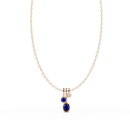 1.1 CTW Oval & Round Linear Drop Colorstone Pendant Necklace — Sapphire Royal Blue — 14K Rose Gold