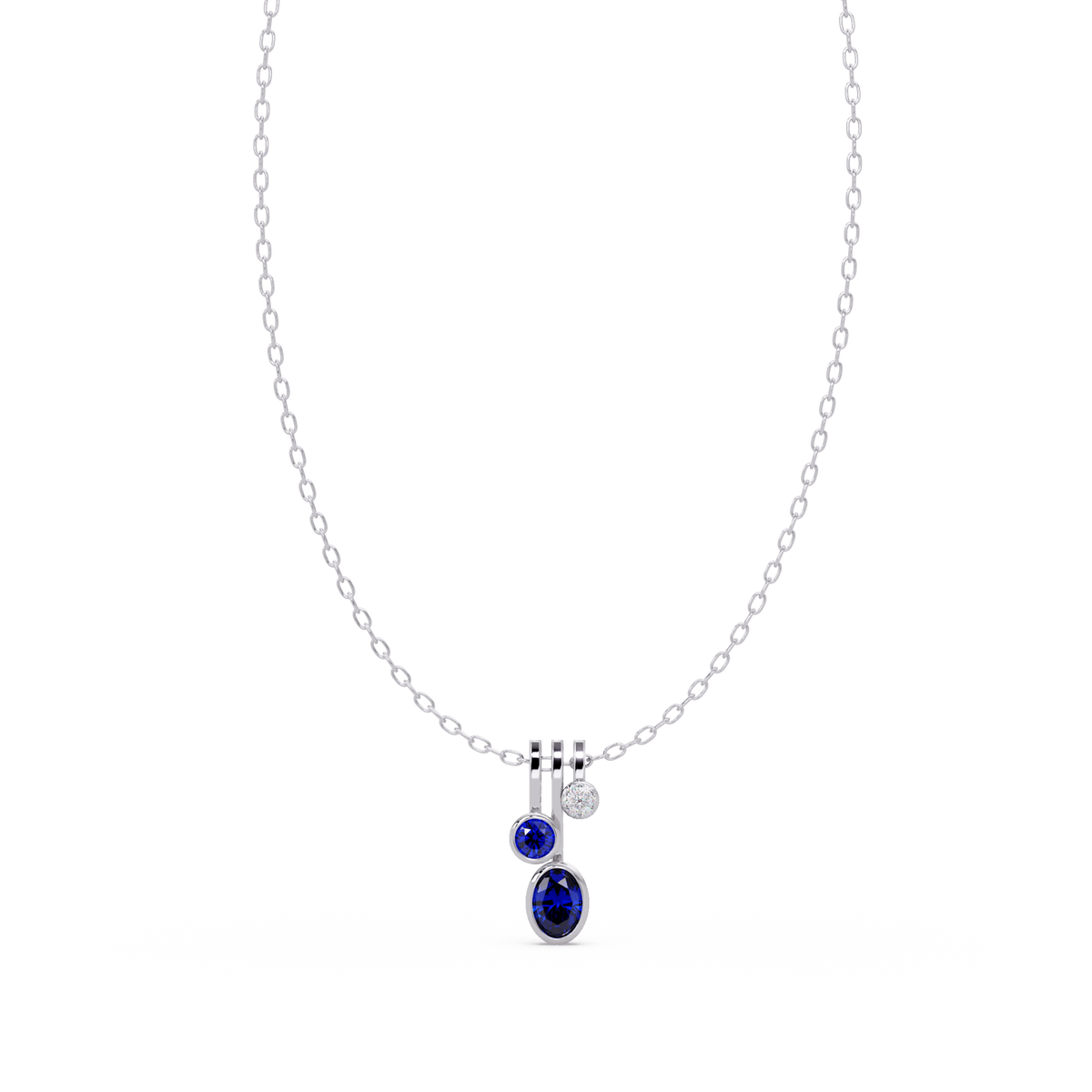 1.1 CTW Oval & Round Linear Drop Colorstone Pendant Necklace — Sapphire Royal Blue — 14K White Gold