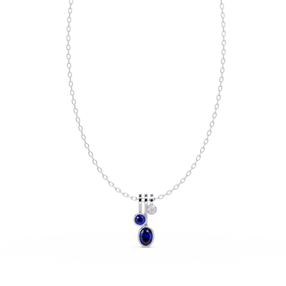 1.1 CTW Oval & Round Linear Drop Colorstone Pendant Necklace — Sapphire Royal Blue — 14K White Gold