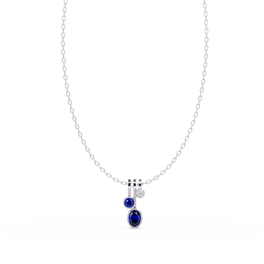 1.1 CTW Oval & Round Linear Drop Colorstone Pendant Necklace — Sapphire Royal Blue — 14K White Gold