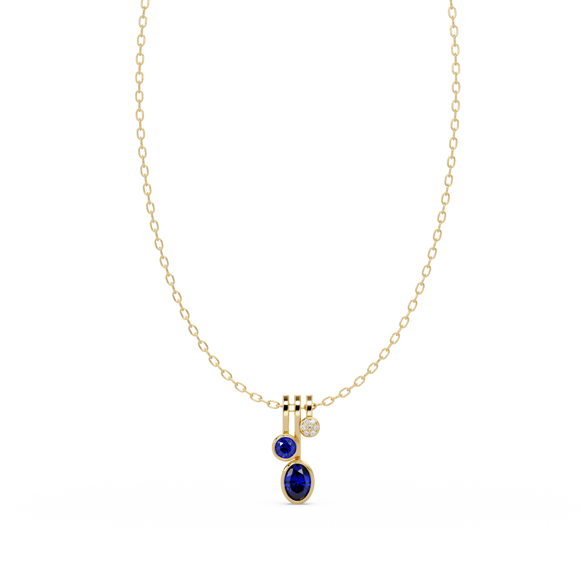 1.1 CTW Oval & Round Linear Drop Colorstone Pendant Necklace — Sapphire Royal Blue — 14K Yellow Gold