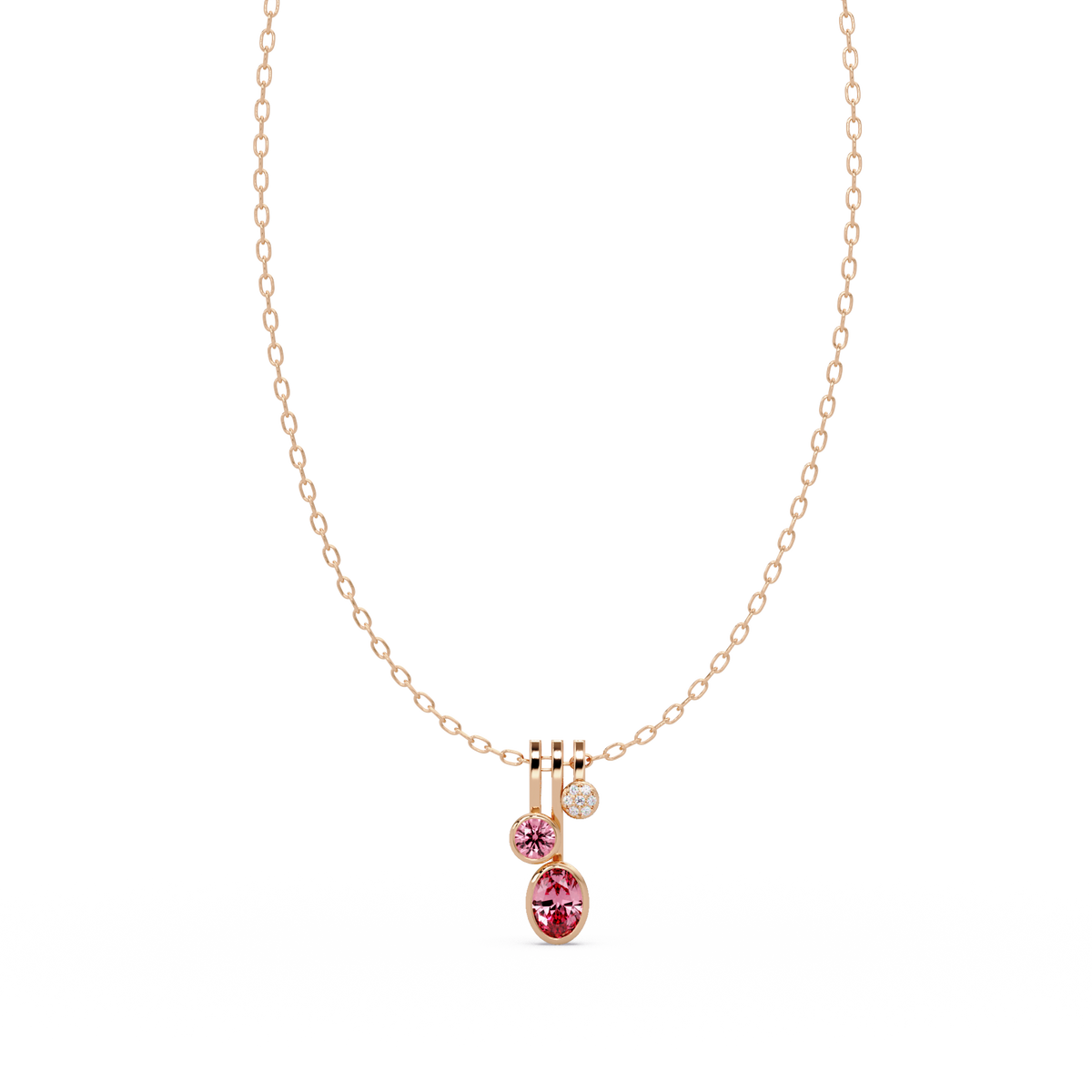 1.1 CTW Oval & Round Linear Drop Colorstone Pendant Necklace — Tourmaline Rose Pink — 14K Rose Gold