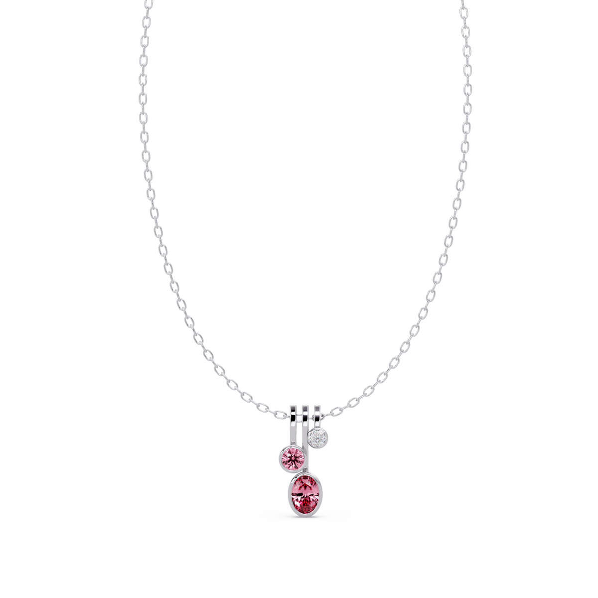 1.1 CTW Oval & Round Linear Drop Colorstone Pendant Necklace — Tourmaline Rose Pink — 14K White Gold