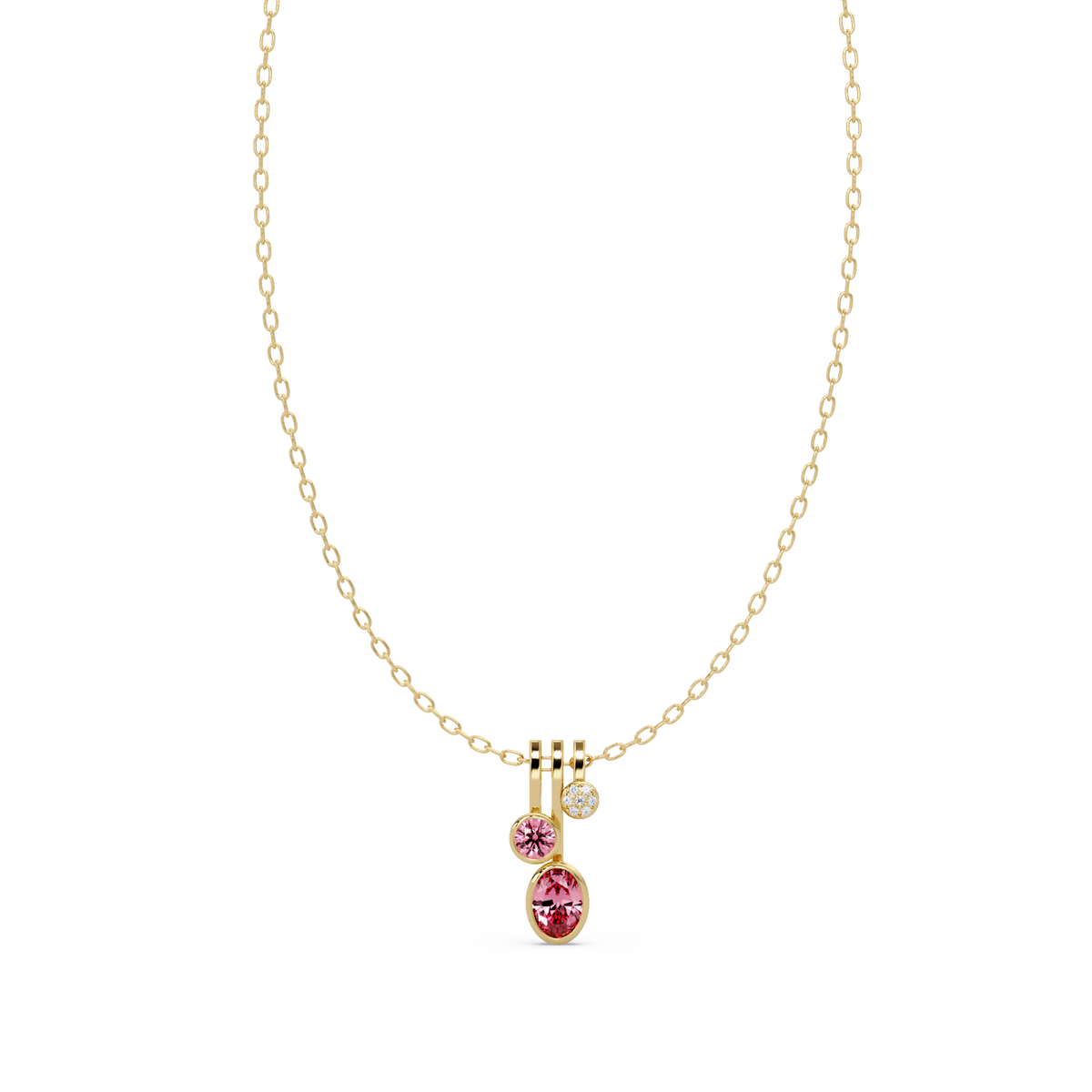 1.1 CTW Oval & Round Linear Drop Colorstone Pendant Necklace — Tourmaline Rose Pink — 14K Yellow Gold