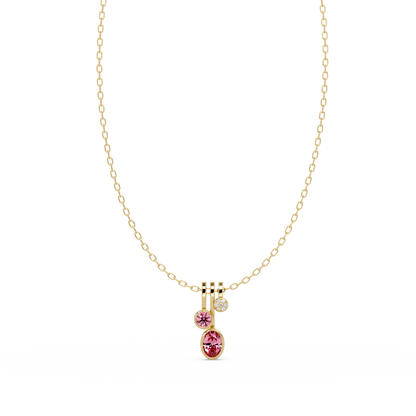 1.1 CTW Oval & Round Linear Drop Colorstone Pendant Necklace — Tourmaline Rose Pink — 14K Yellow Gold