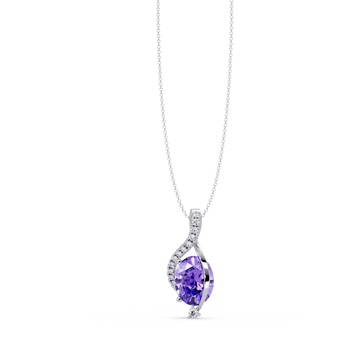 2.9 CTW Oval Curve Colorstone Pendant Necklace — Amethyst Lavender — 14K White Gold