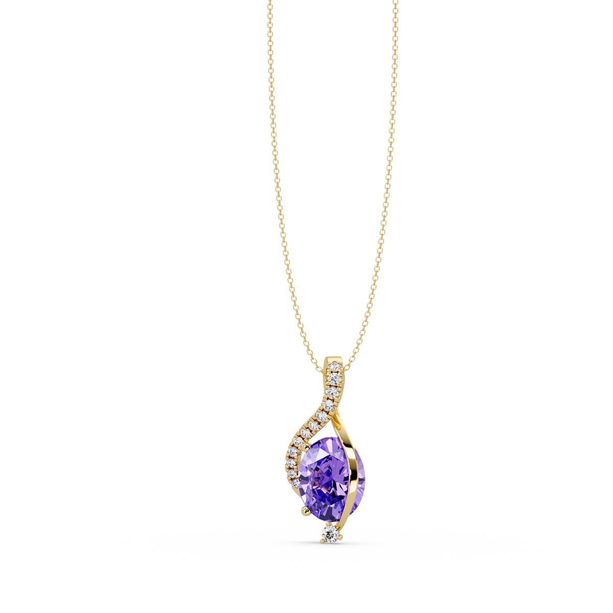 2.9 CTW Oval Curve Colorstone Pendant Necklace — Amethyst Lavender — 14K Yellow Gold
