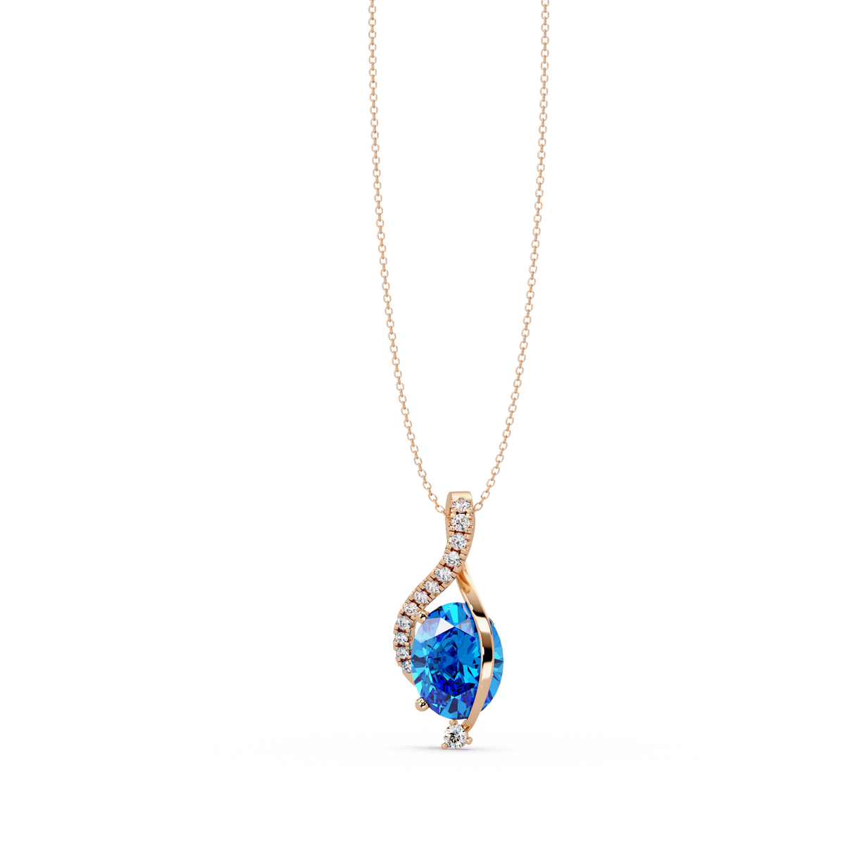 2.9 CTW Oval Curve Colorstone Pendant Necklace — Aquamarine Sky Blue — 14K Rose Gold