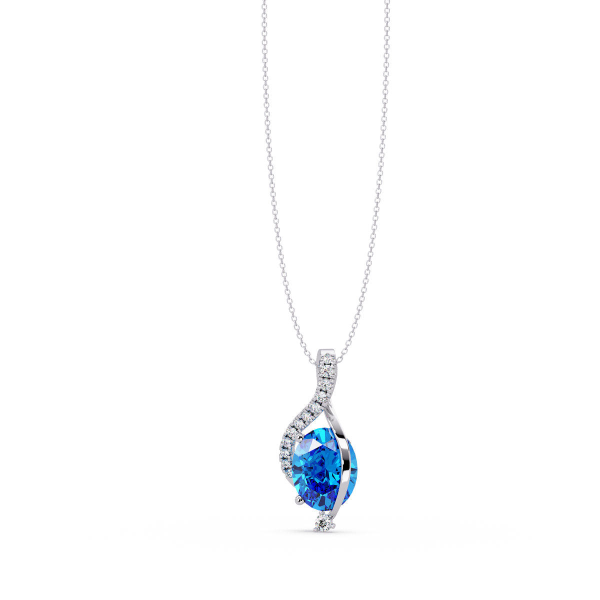 2.9 CTW Oval Curve Colorstone Pendant Necklace — Aquamarine Sky Blue — 14K White Gold