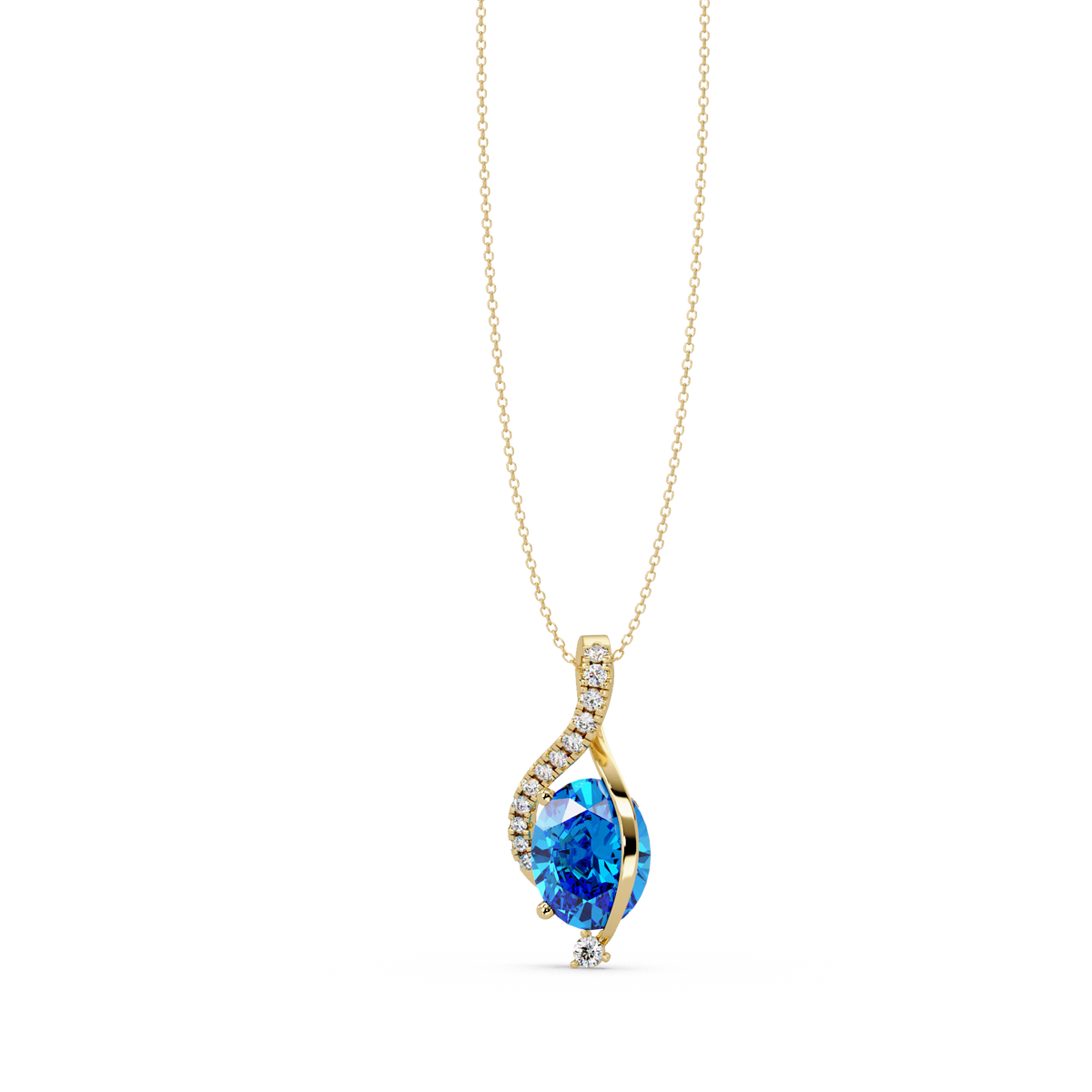 2.9 CTW Oval Curve Colorstone Pendant Necklace — Aquamarine Sky Blue — 14K Yellow Gold