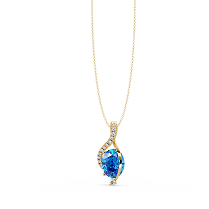 2.9 CTW Oval Curve Colorstone Pendant Necklace — Aquamarine Sky Blue — 14K Yellow Gold