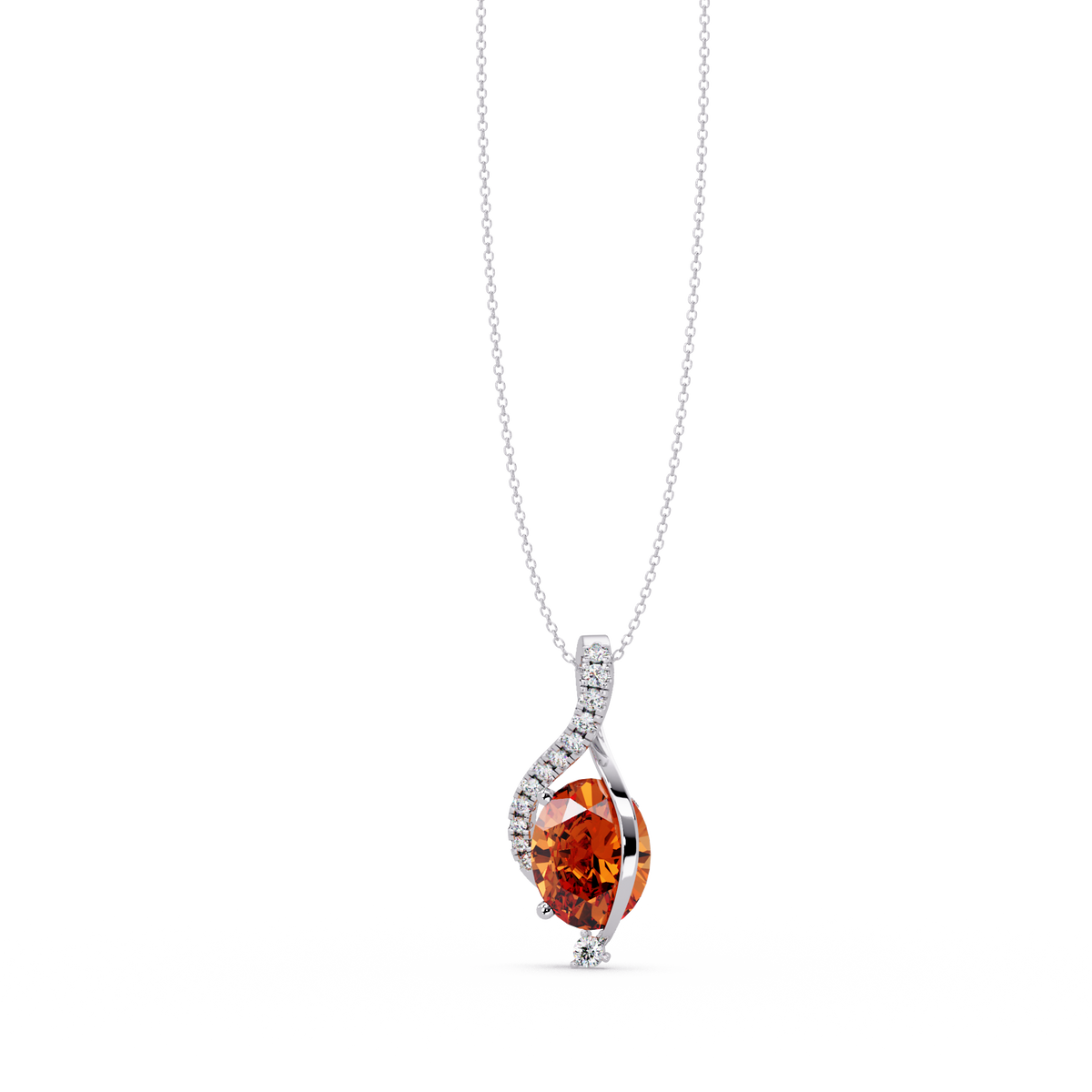 2.9 CTW Oval Curve Colorstone Pendant Necklace — Champagne Topaz Amber — 14K White Gold