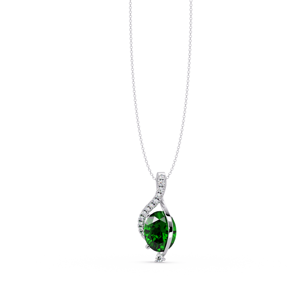 2.9 CTW Oval Curve Colorstone Pendant Necklace — Emerald Deep Green — 14K White Gold