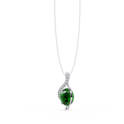 2.9 CTW Oval Curve Colorstone Pendant Necklace — Emerald Deep Green — 14K White Gold