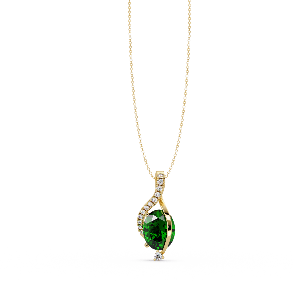 2.9 CTW Oval Curve Colorstone Pendant Necklace — Emerald Deep Green — 14K Yellow Gold
