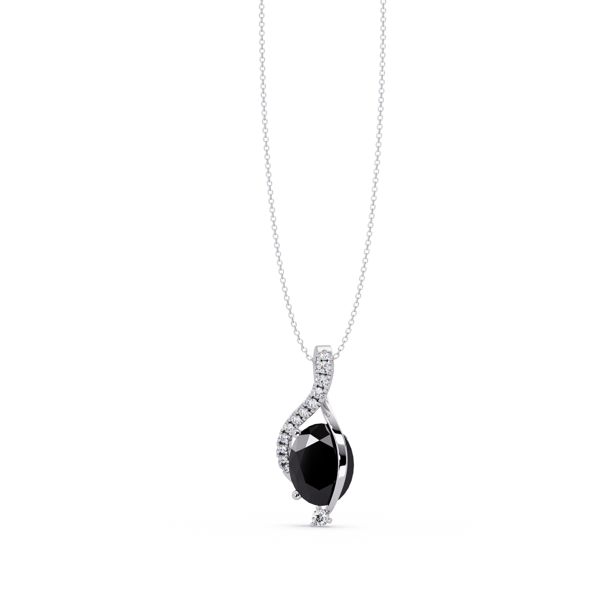 2.9 CTW Oval Curve Colorstone Pendant Necklace — Onyx Black — 14K White Gold