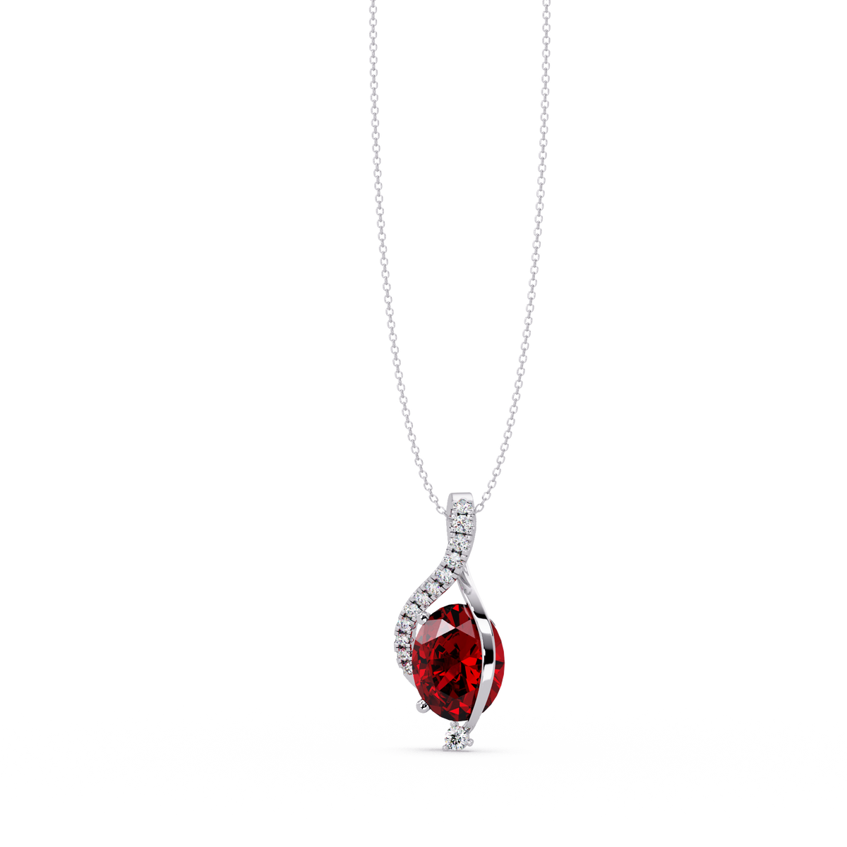 2.9 CTW Oval Curve Colorstone Pendant Necklace — Ruby Deep Red — 14K White Gold