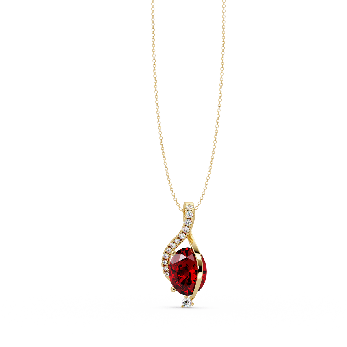 2.9 CTW Oval Curve Colorstone Pendant Necklace — Ruby Deep Red — 14K Yellow Gold