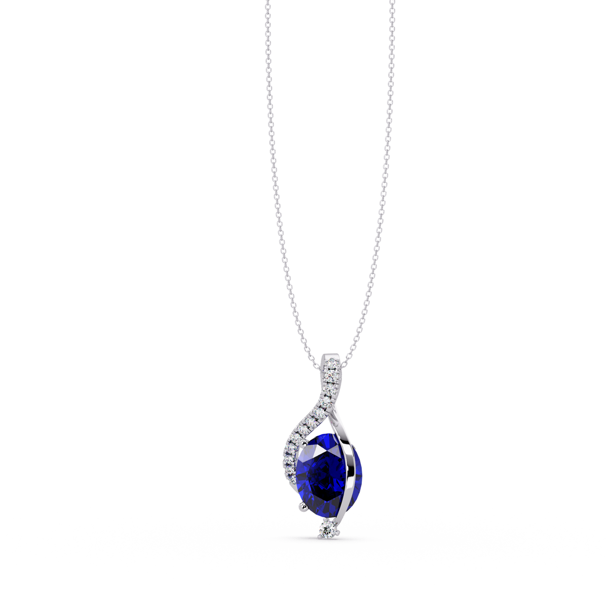 2.9 CTW Oval Curve Colorstone Pendant Necklace — Sapphire Royal Blue — 14K White Gold