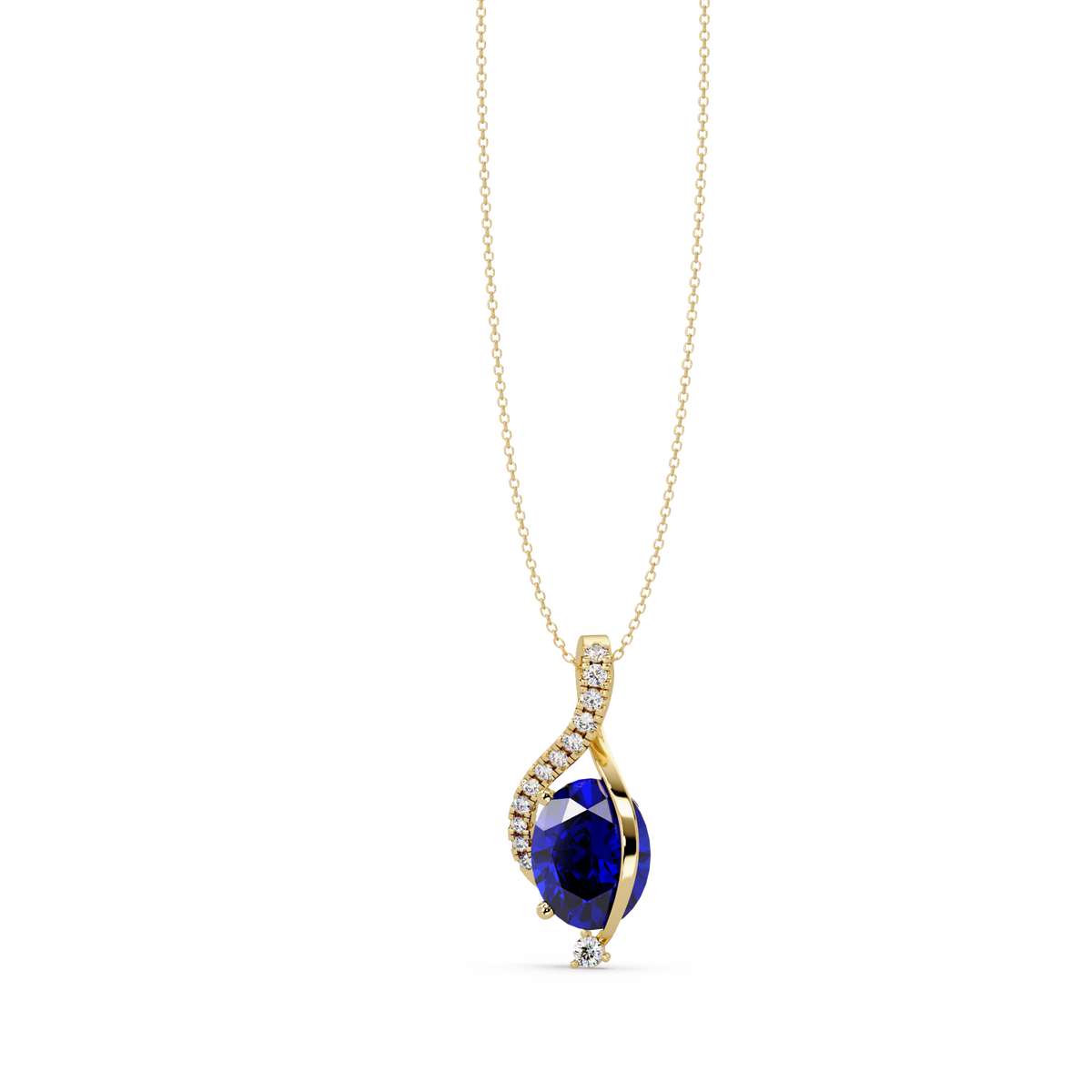 2.9 CTW Oval Curve Colorstone Pendant Necklace — Sapphire Royal Blue — 14K Yellow Gold