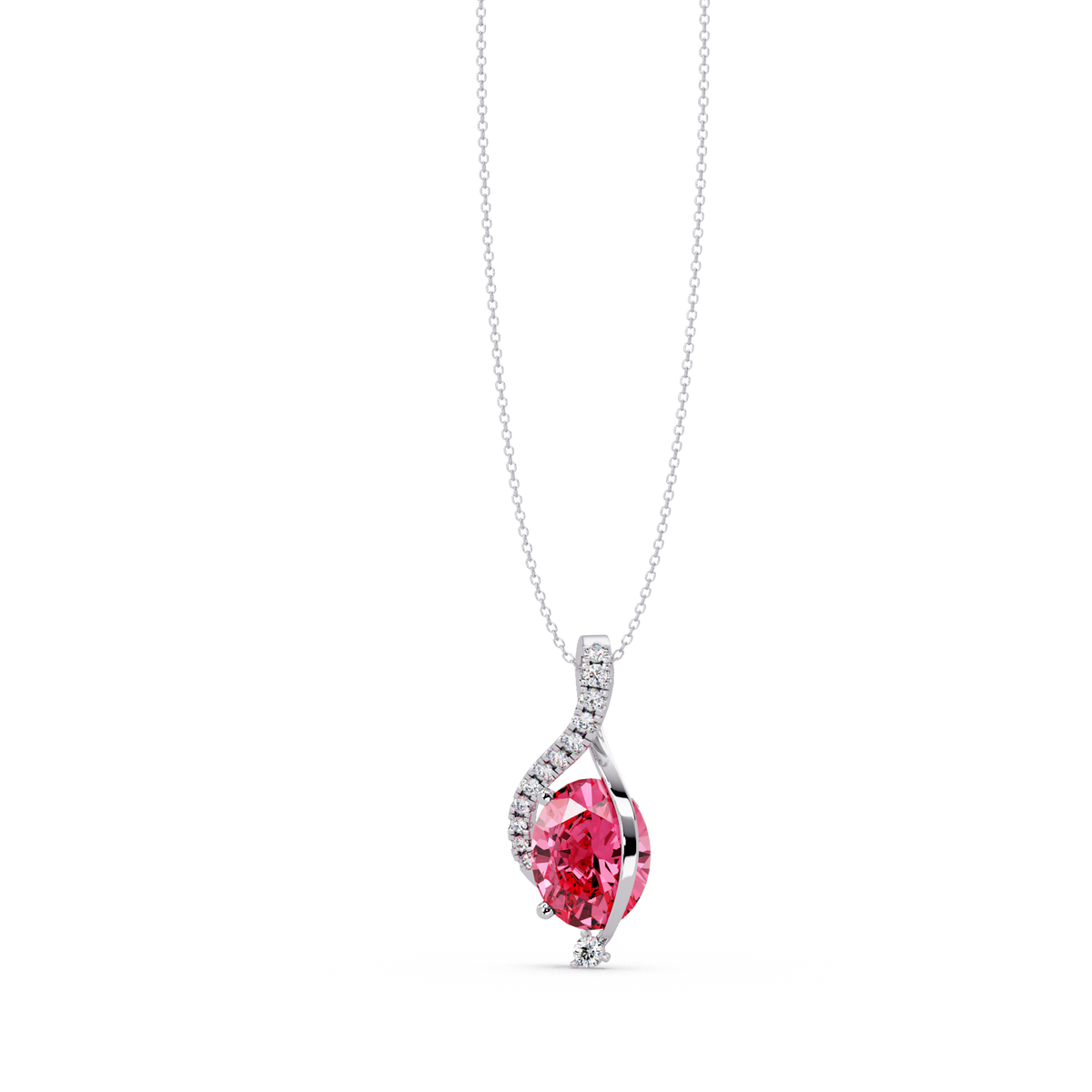 2.9 CTW Oval Curve Colorstone Pendant Necklace — Tourmaline Rose Pink — 14K White Gold