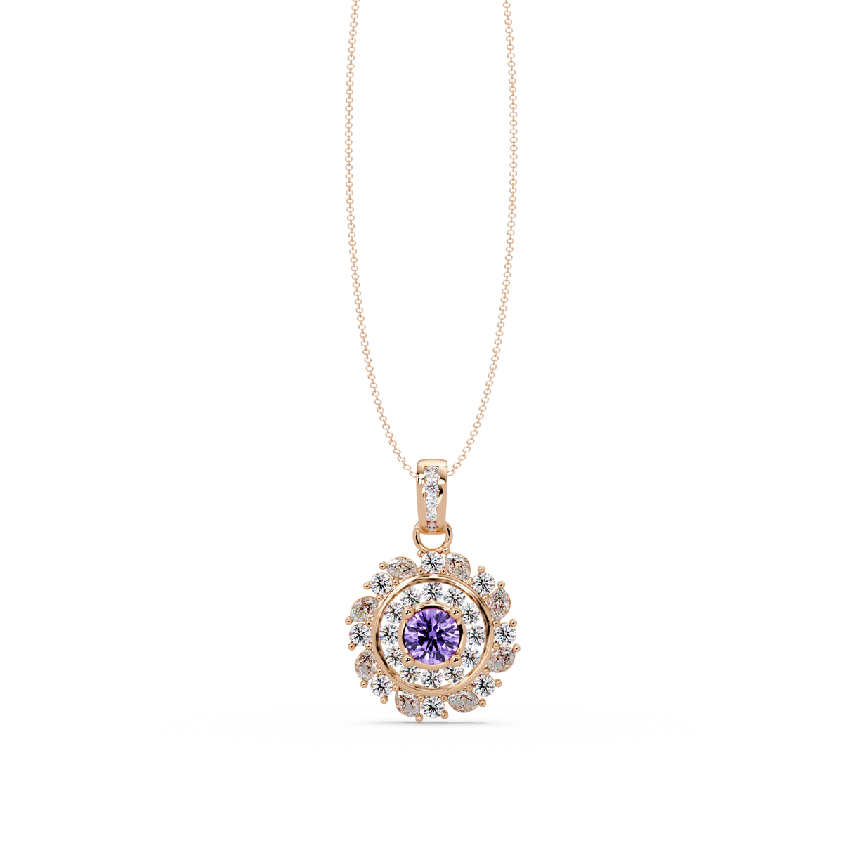1.4 CTW Round Floral Double-Halo Colorstone Pendant Necklace — Amethyst Lavender — 14K Rose Gold