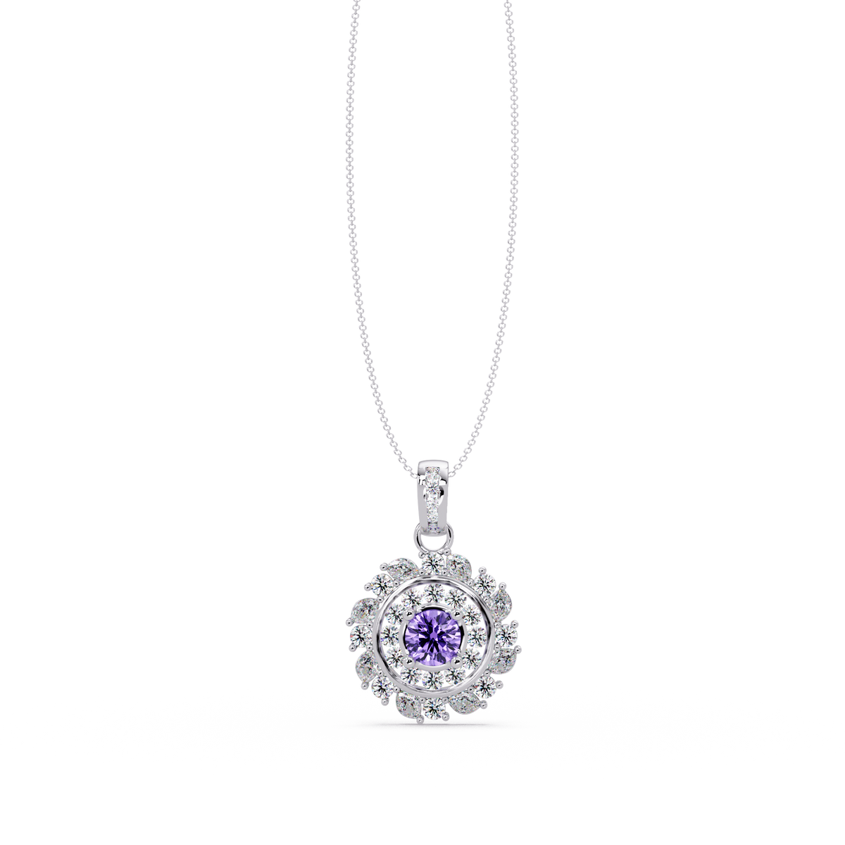 1.4 CTW Round Floral Double-Halo Colorstone Pendant Necklace — Amethyst Lavender — 14K White Gold