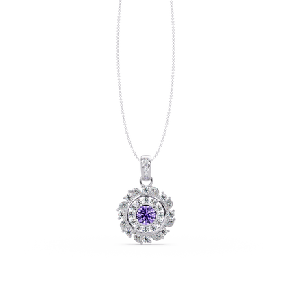 1.4 CTW Round Floral Double-Halo Colorstone Pendant Necklace — Amethyst Lavender — 14K White Gold