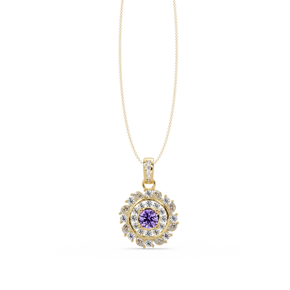 1.4 CTW Round Floral Double-Halo Colorstone Pendant Necklace — Amethyst Lavender — 14K Yellow Gold