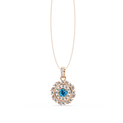 1.4 CTW Round Floral Double-Halo Colorstone Pendant Necklace — Aquamarine Sky Blue — 14K Rose Gold