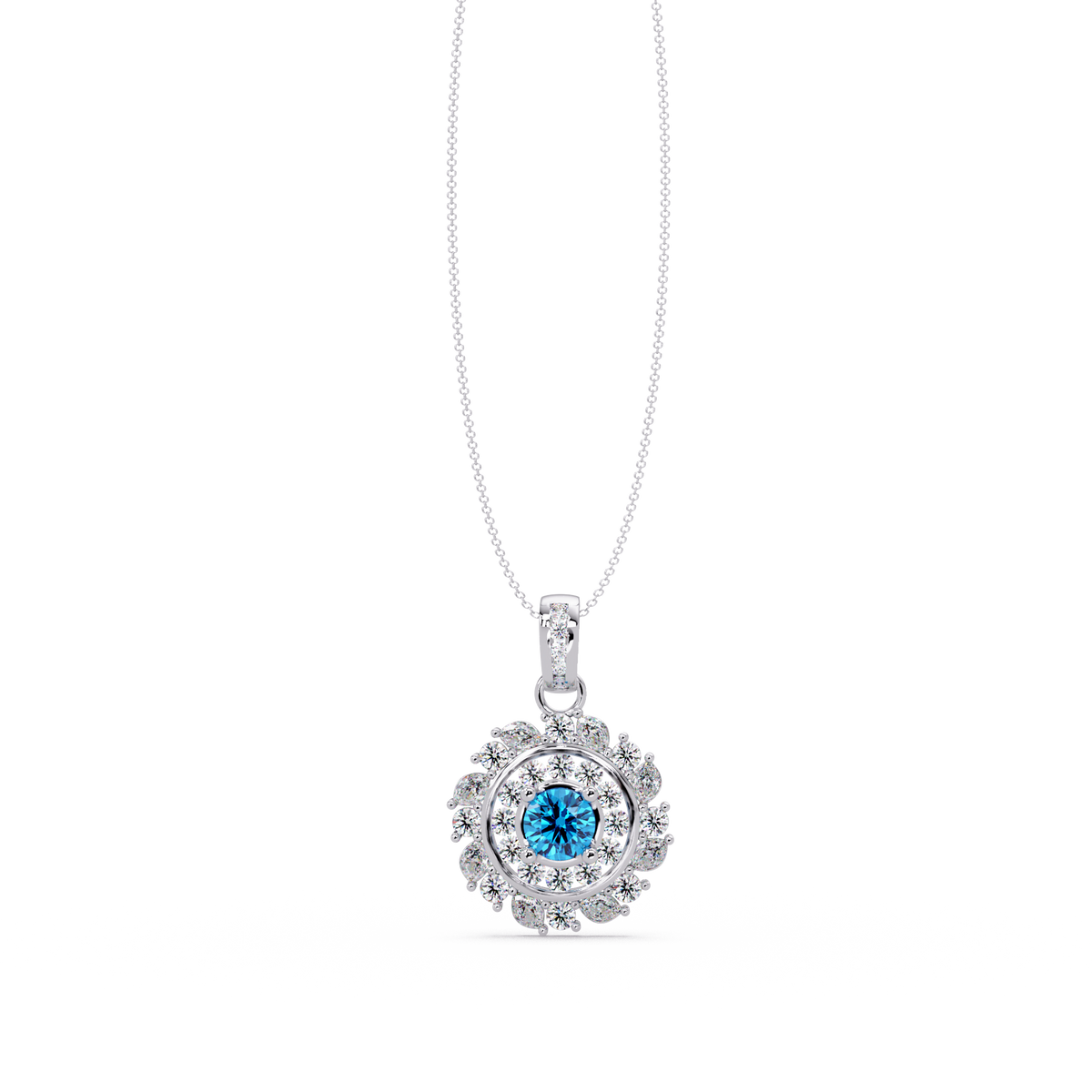 1.4 CTW Round Floral Double-Halo Colorstone Pendant Necklace — Aquamarine Sky Blue — 14K White Gold