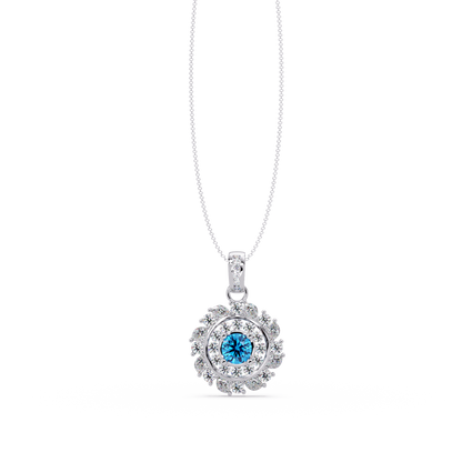 1.4 CTW Round Floral Double-Halo Colorstone Pendant Necklace — Aquamarine Sky Blue — 14K White Gold