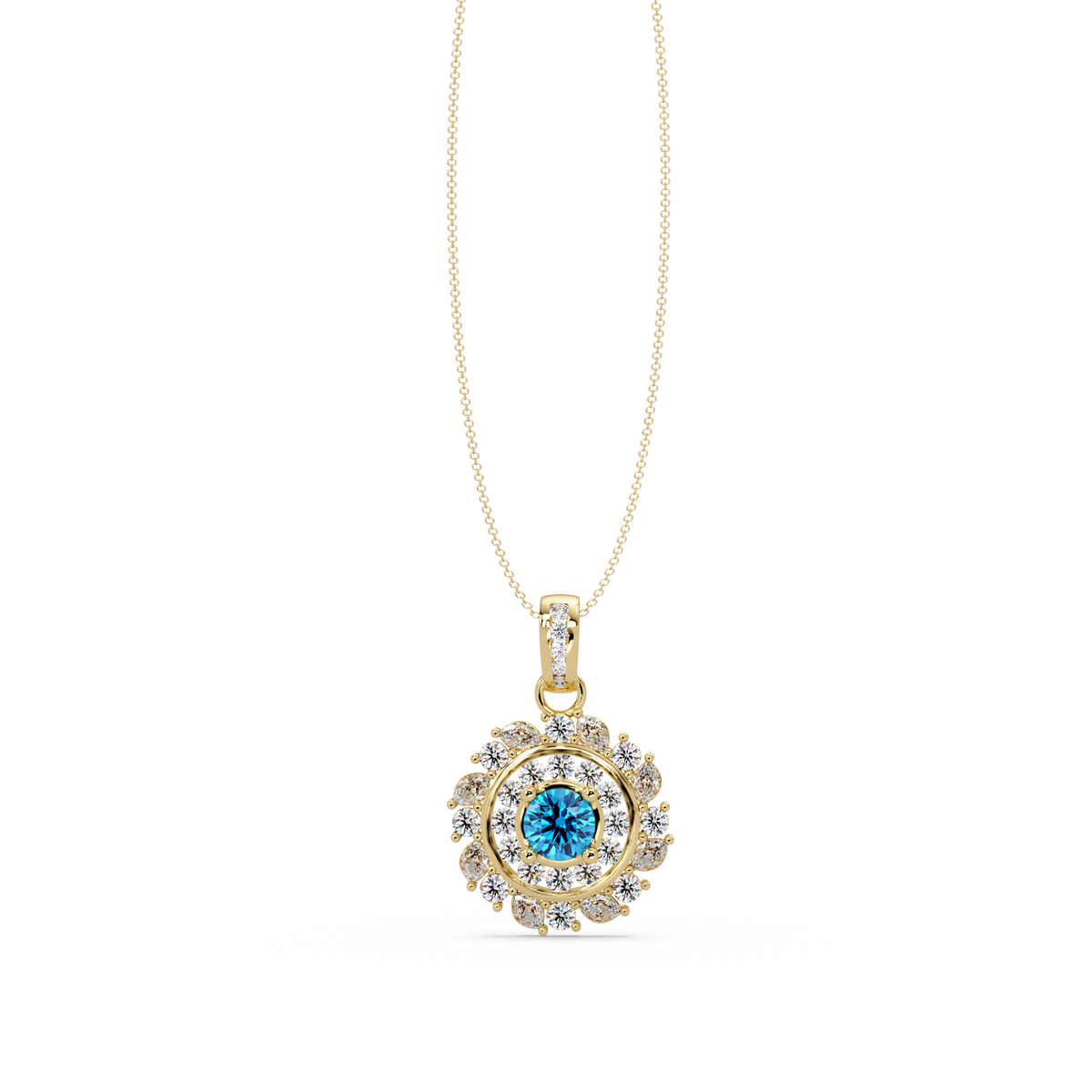 1.4 CTW Round Floral Double-Halo Colorstone Pendant Necklace — Aquamarine Sky Blue — 14K Yellow Gold