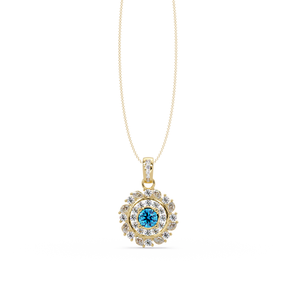 1.4 CTW Round Floral Double-Halo Colorstone Pendant Necklace — Aquamarine Sky Blue — 14K Yellow Gold