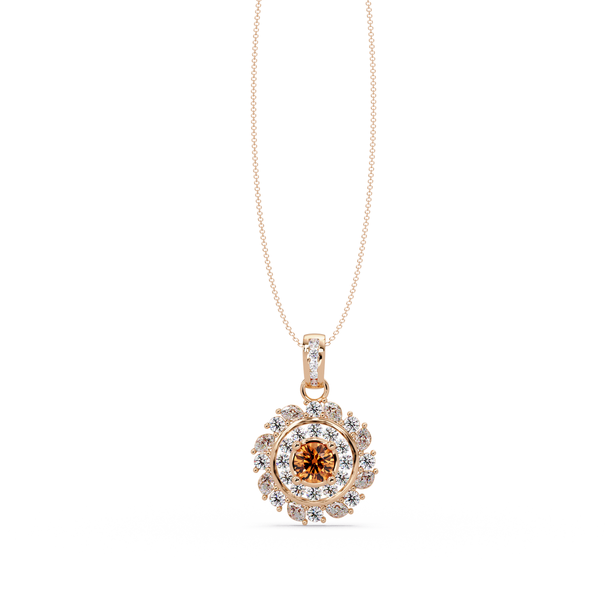 1.4 CTW Round Floral Double-Halo Colorstone Pendant Necklace — Champagne Topaz Amber — 14K Rose Gold
