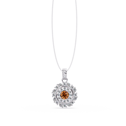 1.4 CTW Round Floral Double-Halo Colorstone Pendant Necklace — Champagne Topaz Amber — 14K White Gold