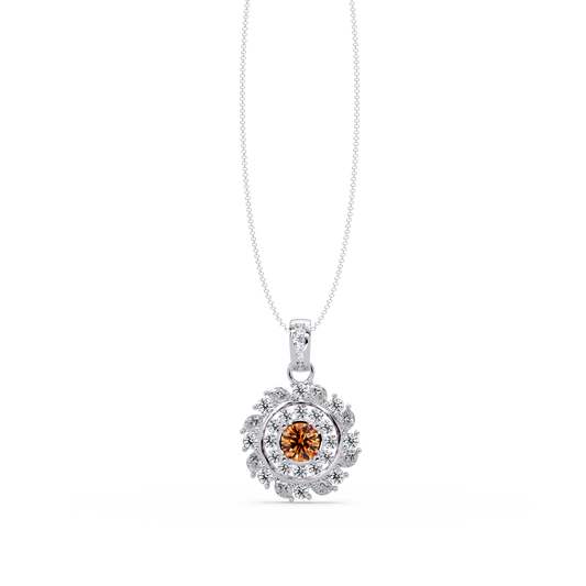 1.4 CTW Round Floral Double-Halo Colorstone Pendant Necklace — Champagne Topaz Amber — 14K White Gold