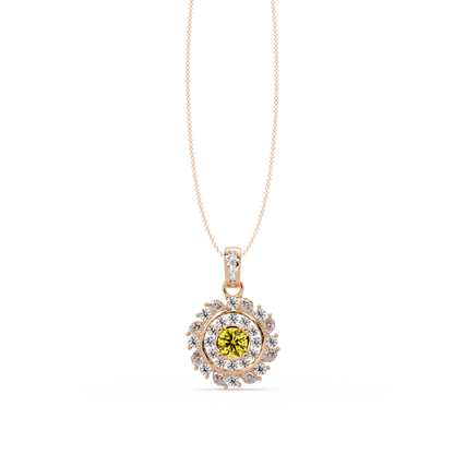 1.4 CTW Round Floral Double-Halo Colorstone Pendant Necklace — Citrine Lemon Yellow — 14K Rose Gold