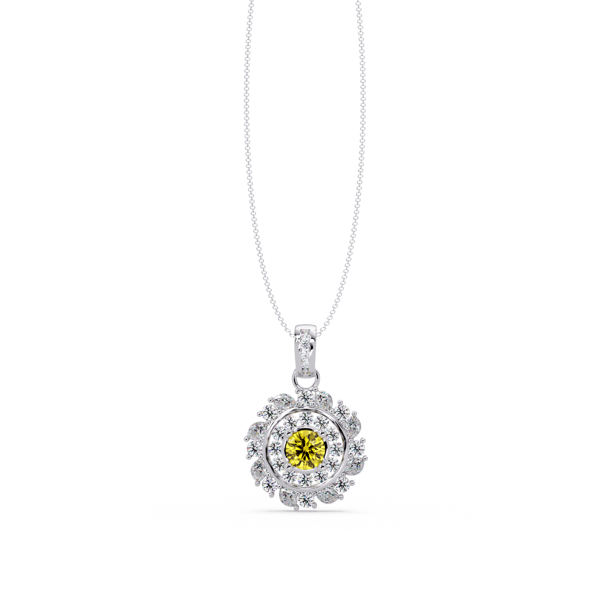 1.4 CTW Round Floral Double-Halo Colorstone Pendant Necklace — Citrine Lemon Yellow — 14K White Gold