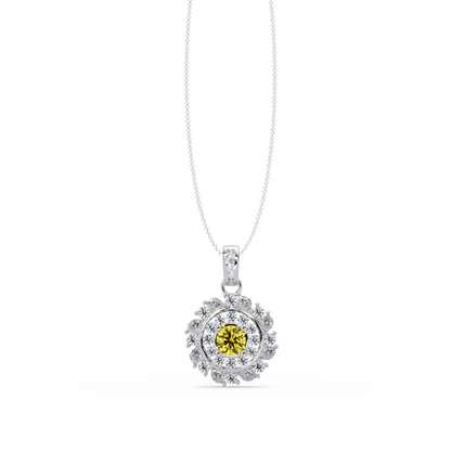 1.4 CTW Round Floral Double-Halo Colorstone Pendant Necklace — Citrine Lemon Yellow — 14K White Gold